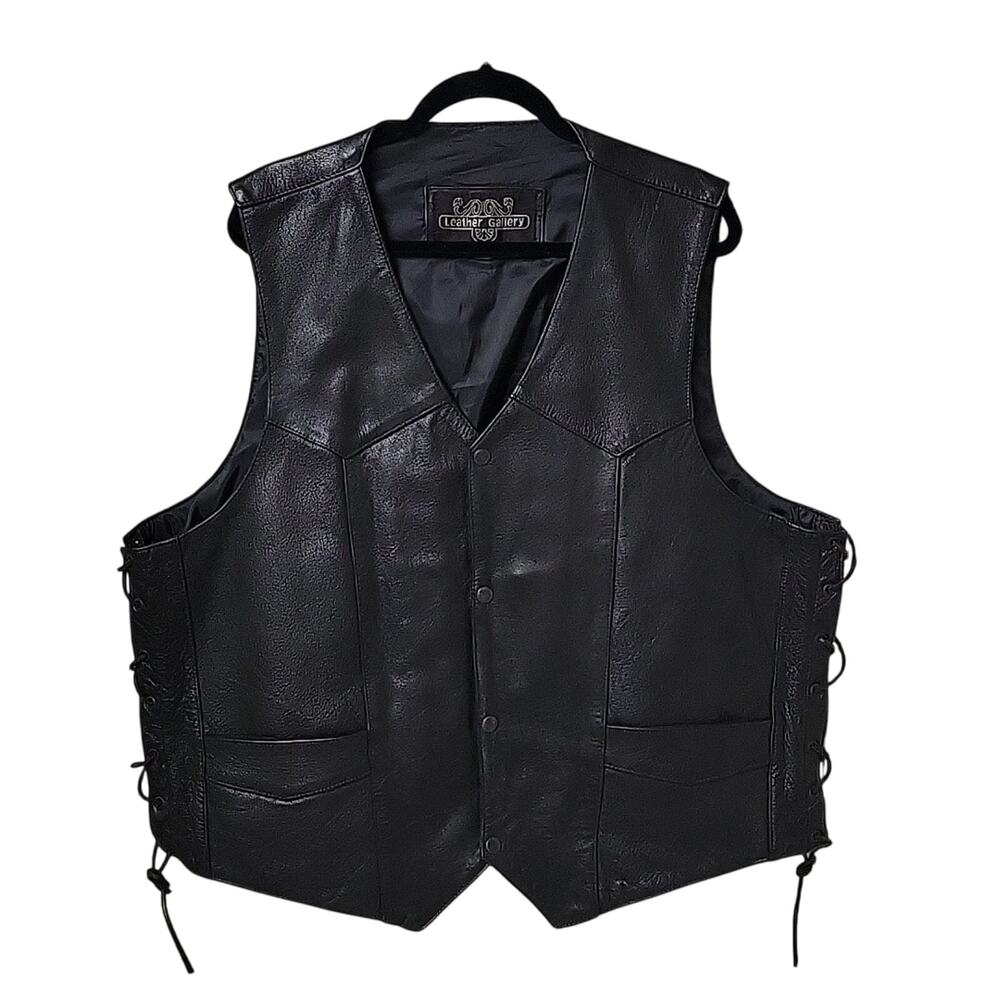Leather Gallery Mens Black Leather Motorcycle Vest With Pockets Size 4XL